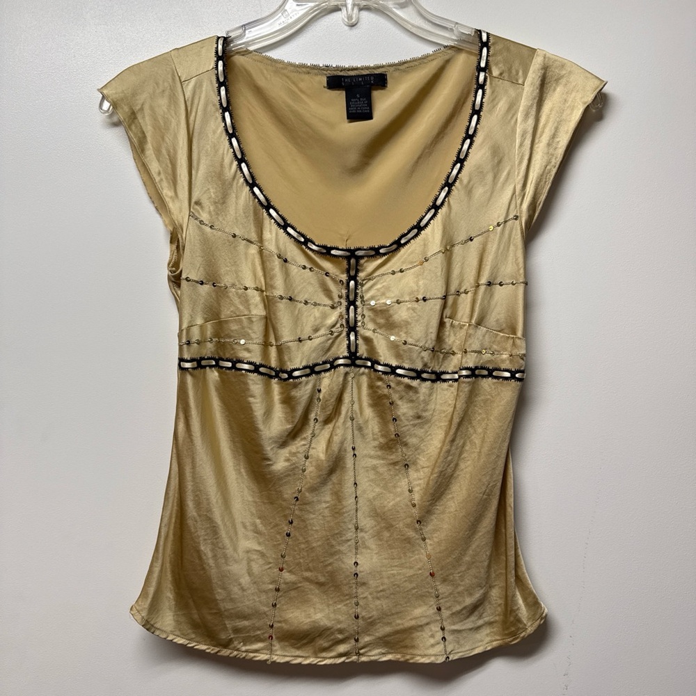 The Limited Gold Satin Scoop Neck Top with Beaded Trim